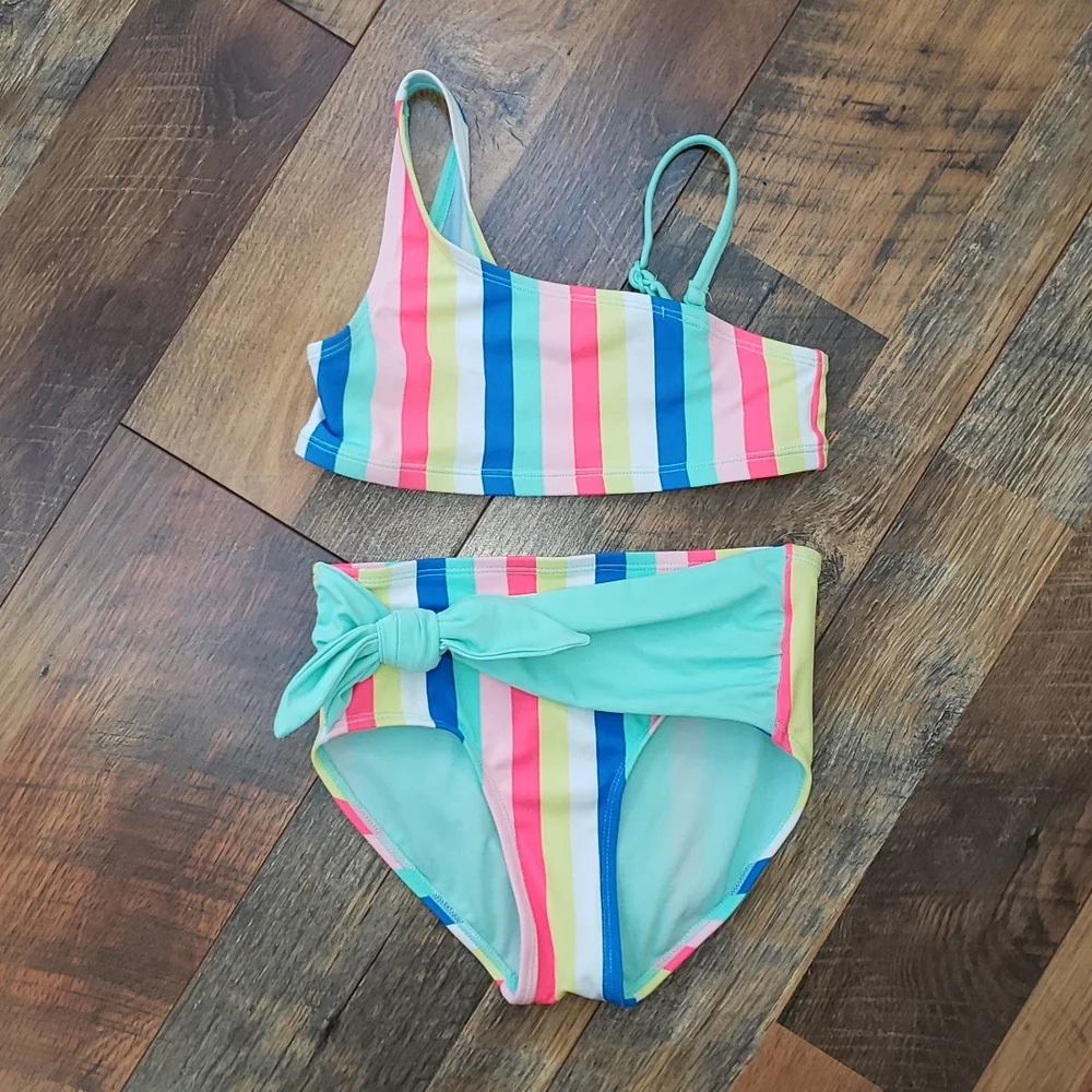 Justice Pink and Blue Striped Bikini Swimsuit, Size 8